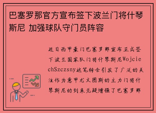 巴塞罗那官方宣布签下波兰门将什琴斯尼 加强球队守门员阵容 巴塞罗那官方宣布签下波兰门将什琴斯尼 加强球队守门员阵容